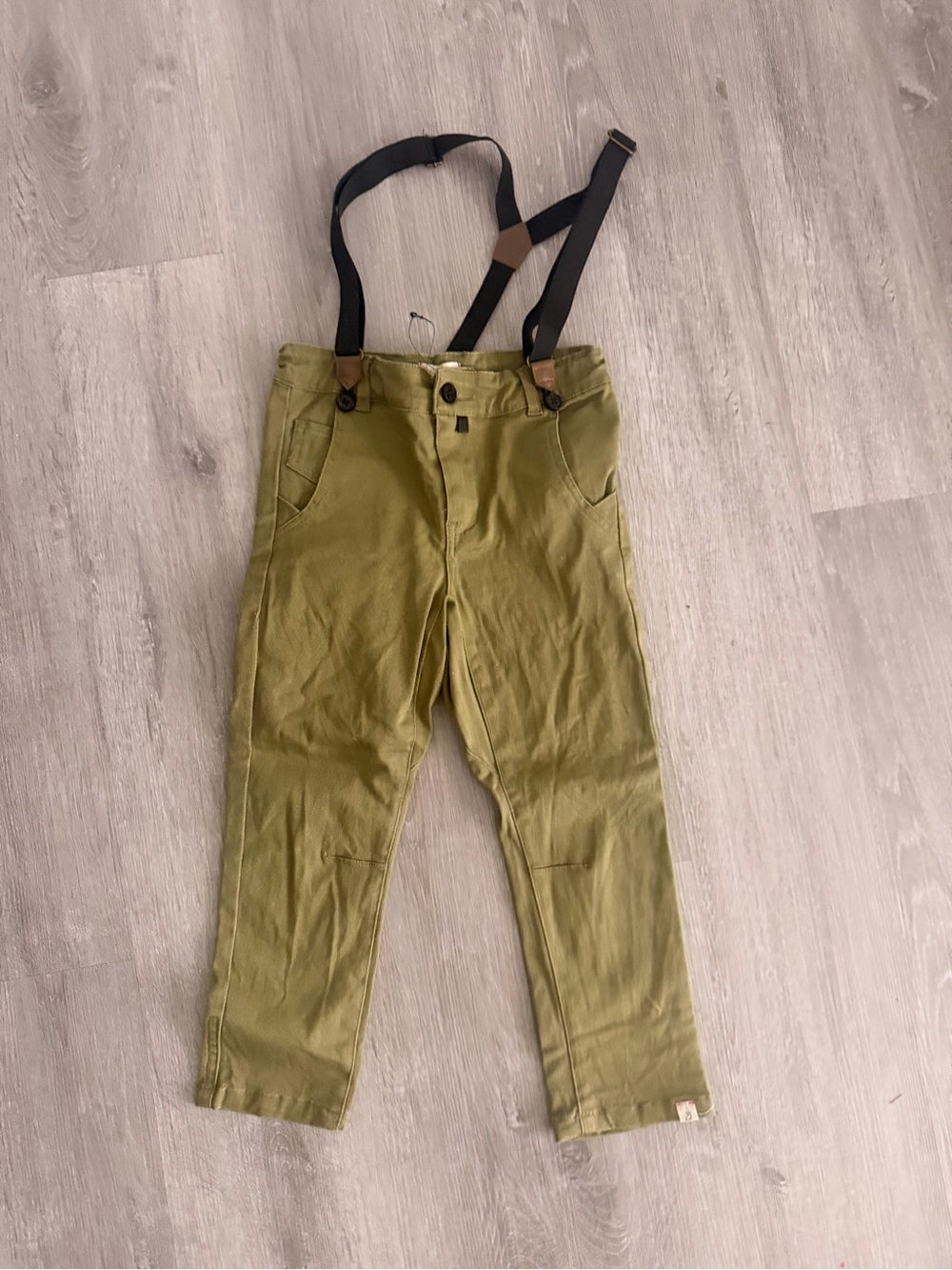 Kids Olive Casual Pants with Black Detachable Suspenders new never worn